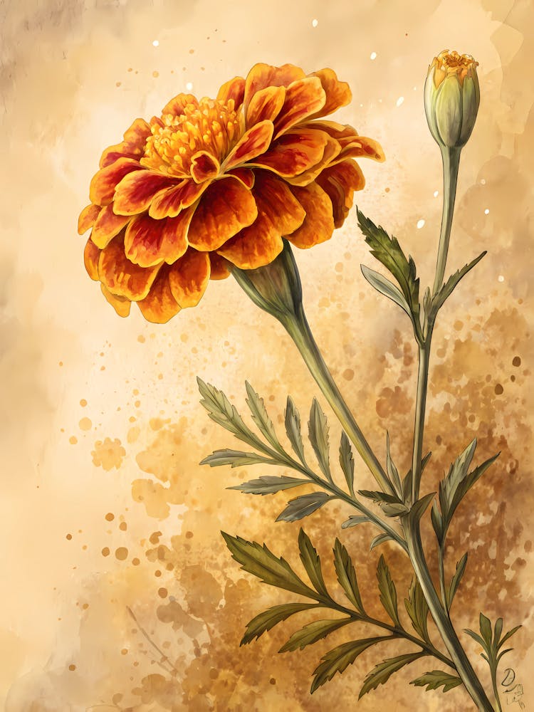 Oil Painting Style Single Marigold On Textured Beige