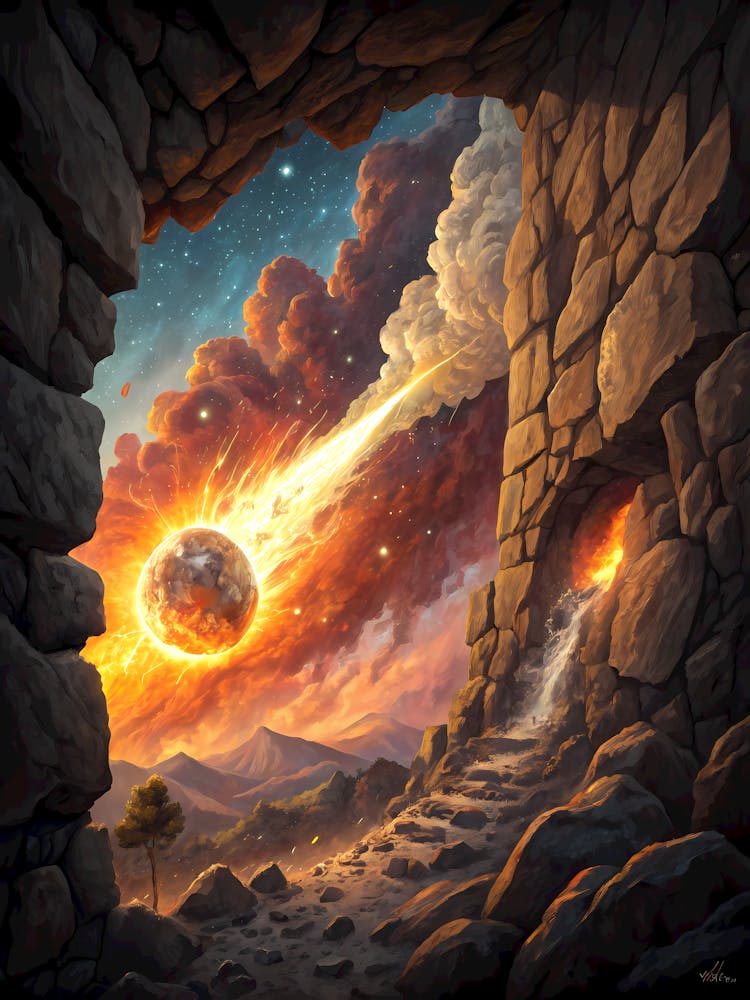 A Glowing Meteor Breaking Through a Cosmic Cloud Oil Painting Style