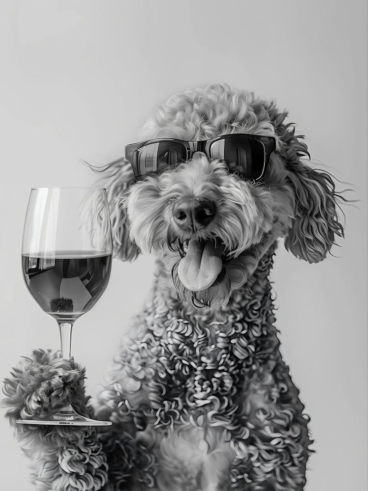 Labradoodle And Wine Wall Art, Black And White Print, Labradoodle Gift, Alcohol Print, Funny Dog Poster, Bar Cart Print, Kitchen Wall Decor