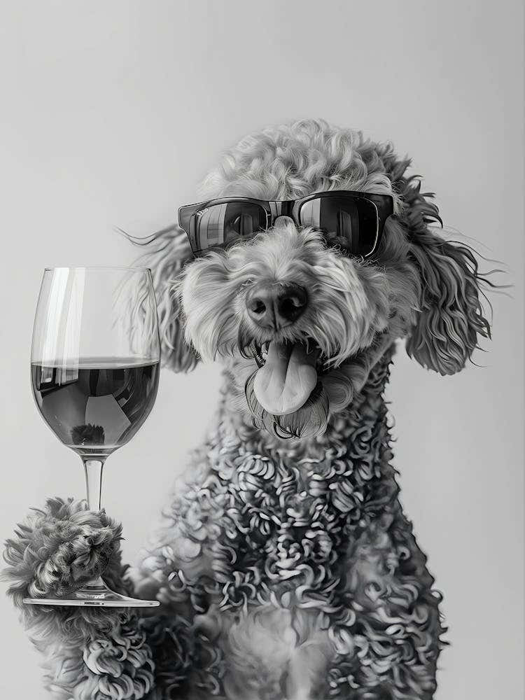 Labradoodle And Wine Wall Art, Black And White Print, Labradoodle Gift, Alcohol Print, Funny Dog Poster, Bar Cart Print, Kitchen Wall Decor