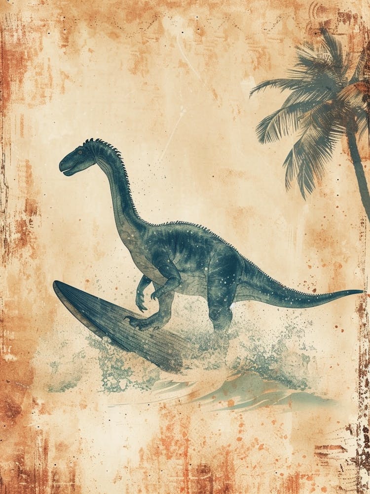 Vintage Therizinosaurus Dinosaur On A Surf Board 2
