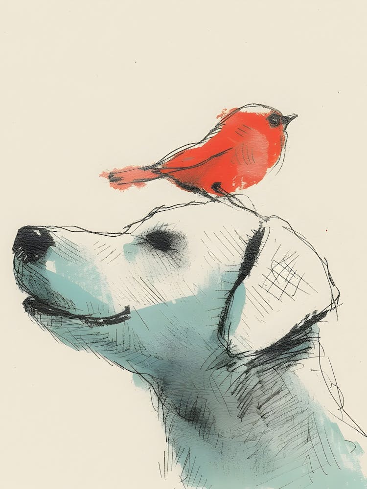 Red Bird On Dog'S Head