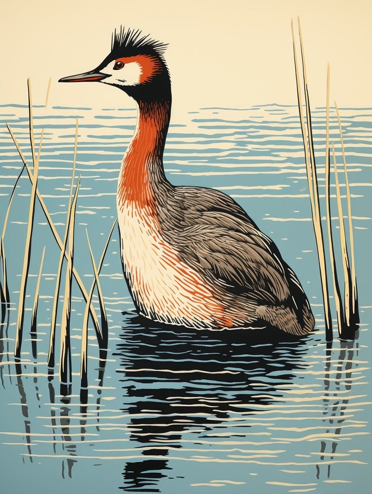 Linogravure d'Oiseau Vintage Grèbe 1