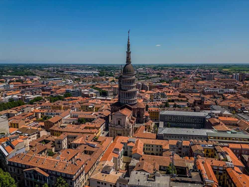 Aerial view of scenic panorama of famous landmark Novara, Italy. Drone photography