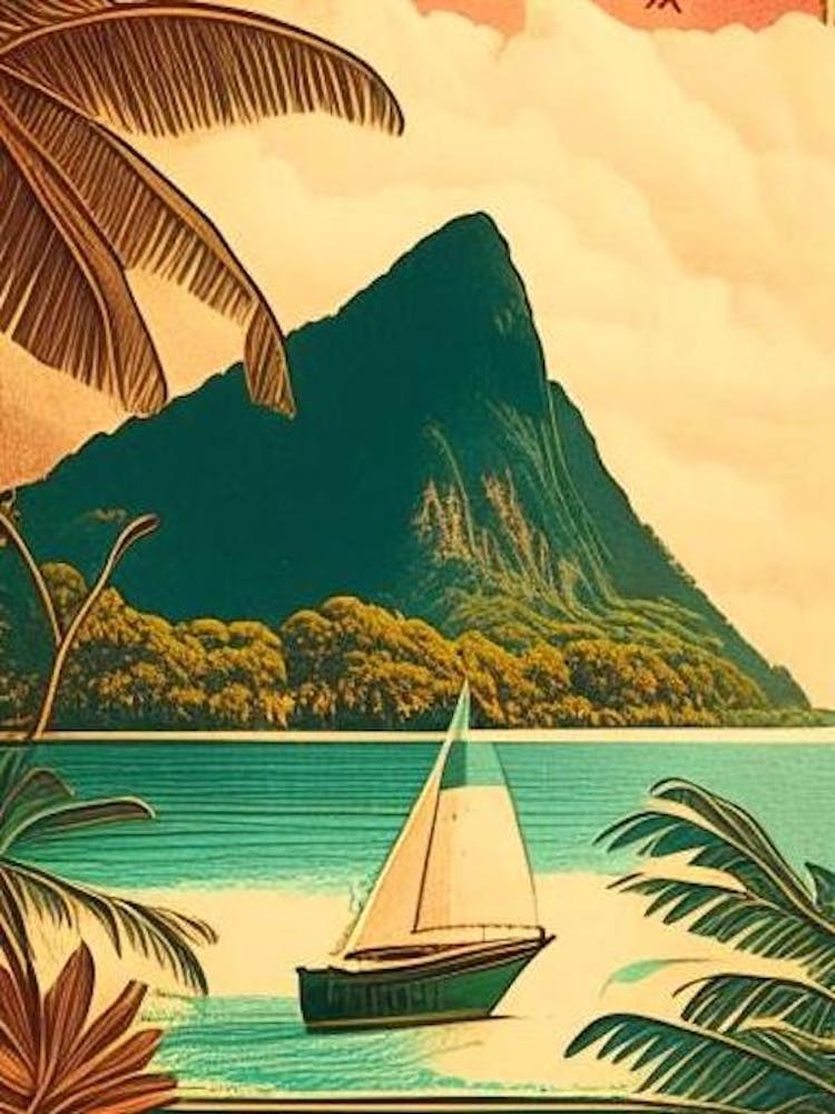Huahine French Polynesia Vintage Sketch Tropical Destination