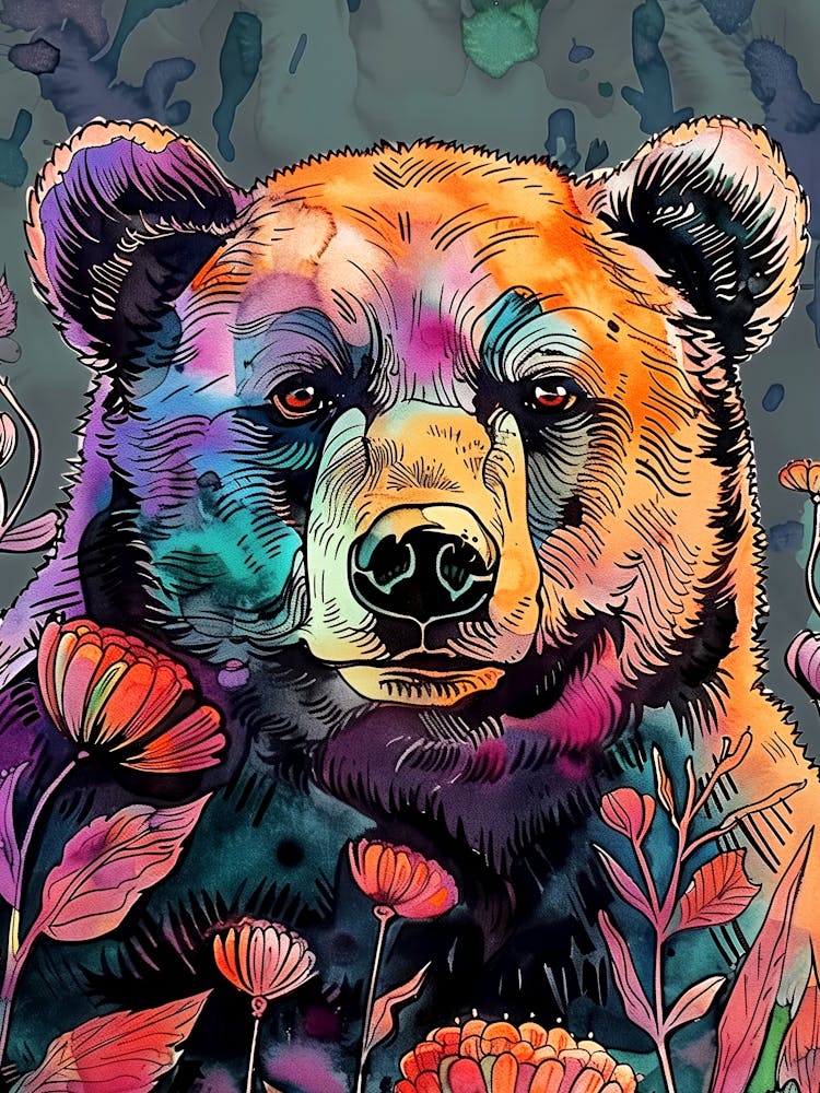 Bear In Flowers animal art
