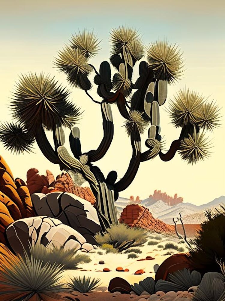 Joshua Tree In Rocky Landscape Vintage Botanical Line Drawing  (1)