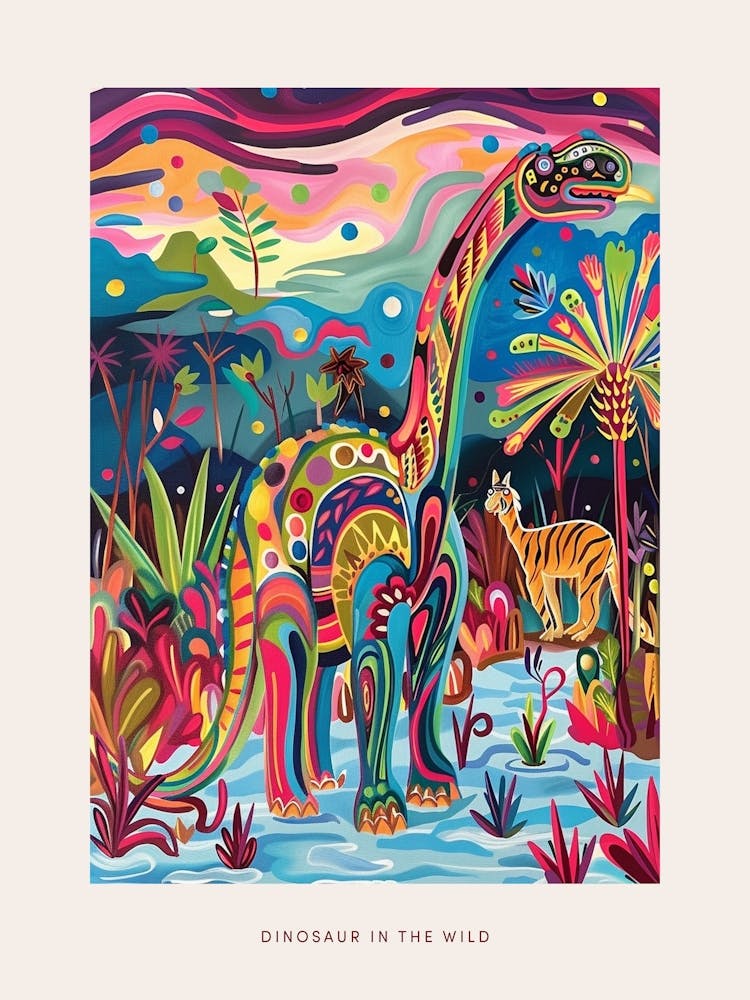 Colourful Abstract Wavy Dinosaur In The Wild Poster