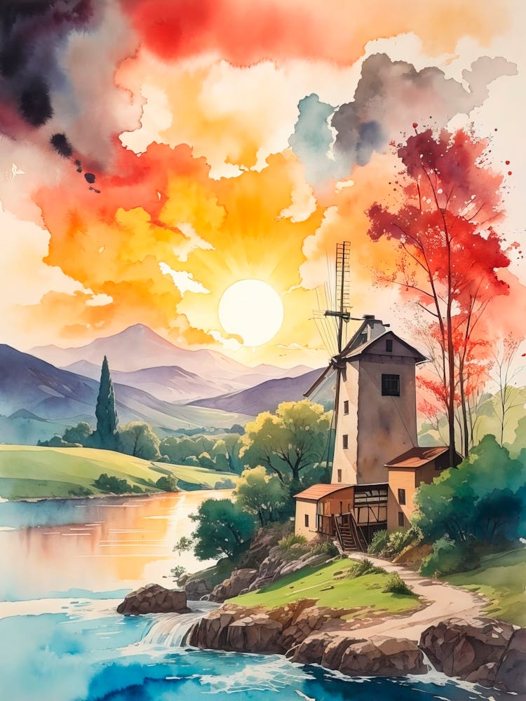 Windmill At Sunset