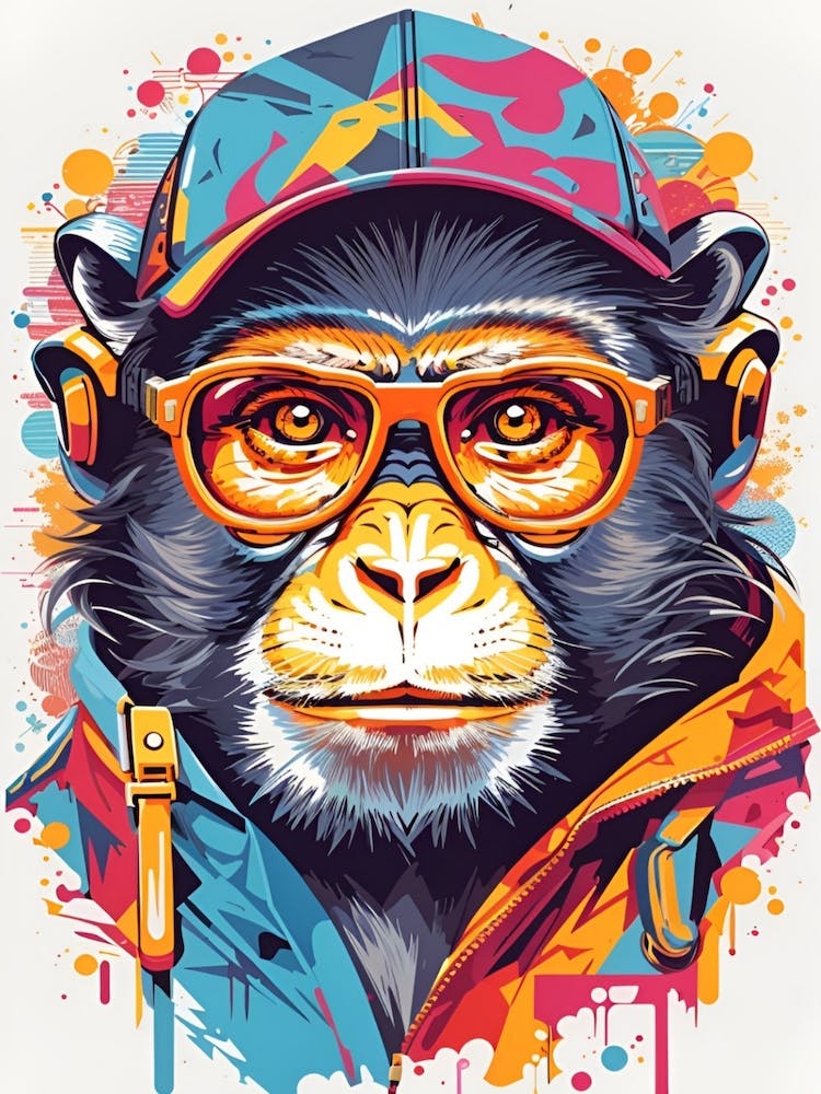 Colorful Cute Monkey Wearing Hat And Glasses