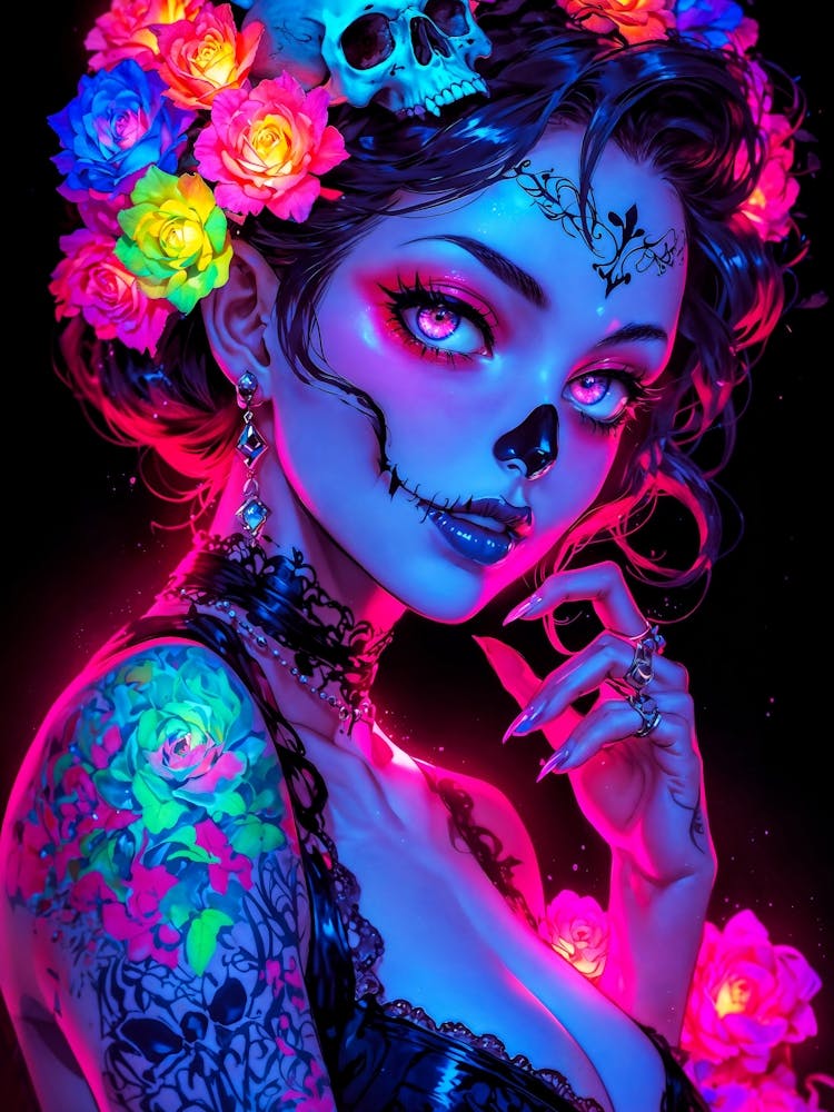Skull girl with flowers, sexy makeup, and tattoos. Neon anime girl celebrating Dia de los Muertos. A beautiful, cute manga woman with Mexican flair.