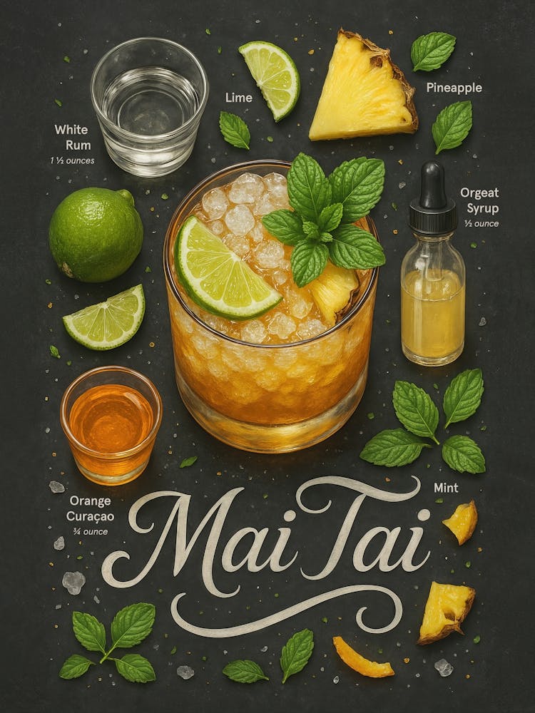 Mai Tai Poster – Tropical Rum and Citrus Cocktail: A fruity explosion of rum, lime, orange, and pineapple – this Mai Tai poster brings tropical summer to your bar or kitchen. With exotic flavors, colorful typography, and a party-ready look, it’s ideal for