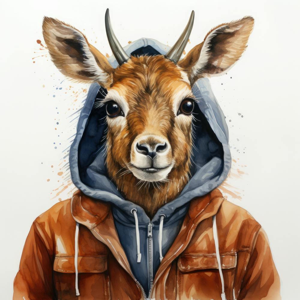 Watercolour Cartoon Waterbuck In A Hoodie