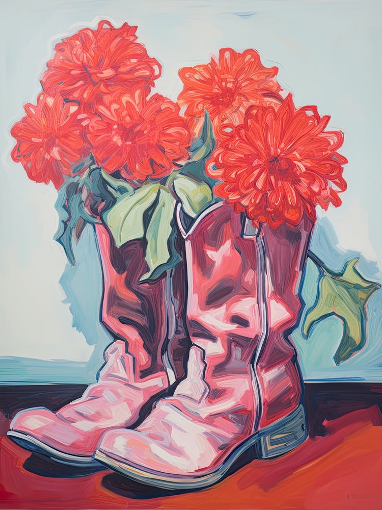 A Painting Of Cowboy Boots With Red Flowers, Fauvist Style, Still Life 2