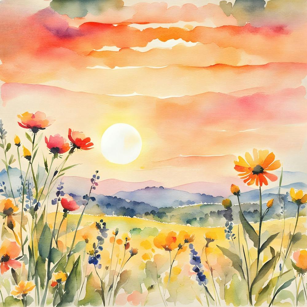 Wildflowers Sunset, Square Retro Art, Flower Fields