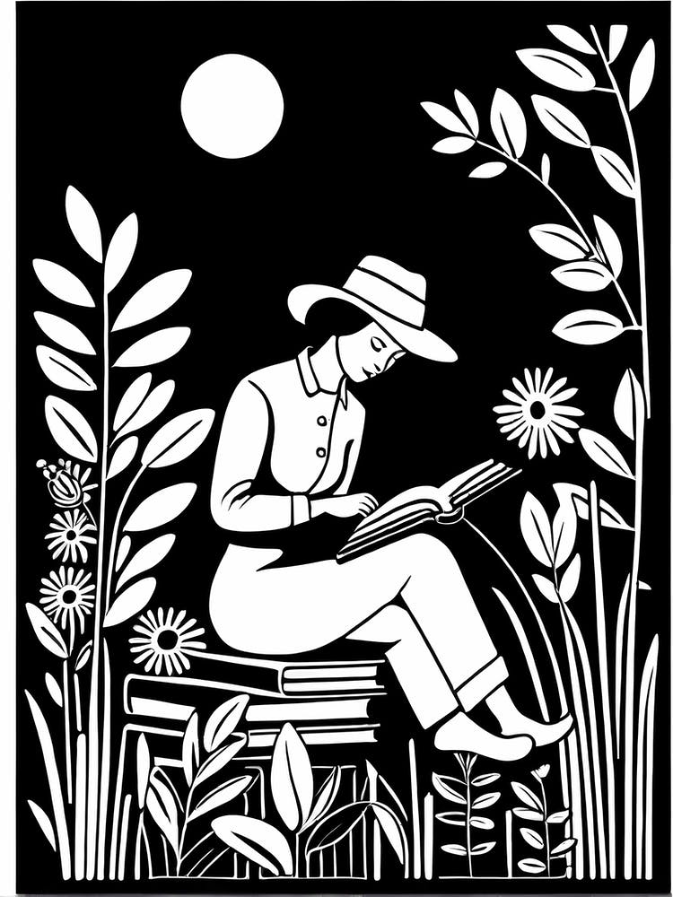 Lino cut Inspired black and white Reading In the Garden Art, Garden Girl Art, Gardening reading, 249