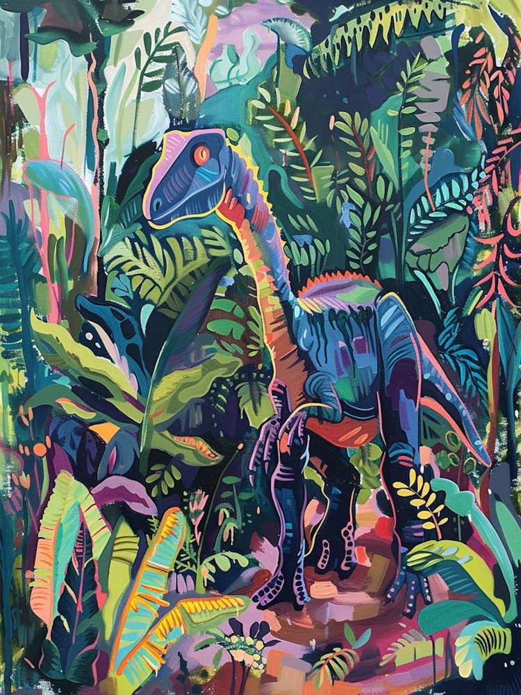 Colourful Dinosaur In The Jungle Leaves Painting 2