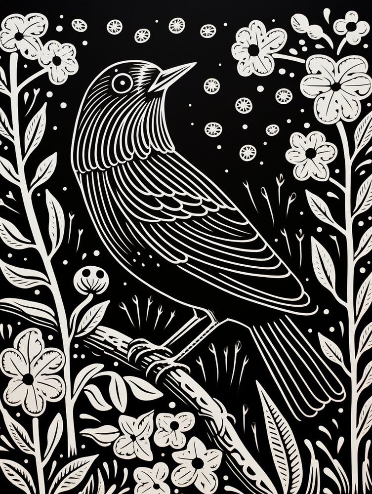 B&W Bird Linocut Blackbird 4