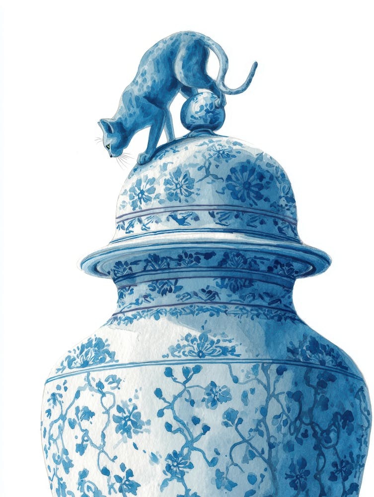Blue And White Vase With Cat