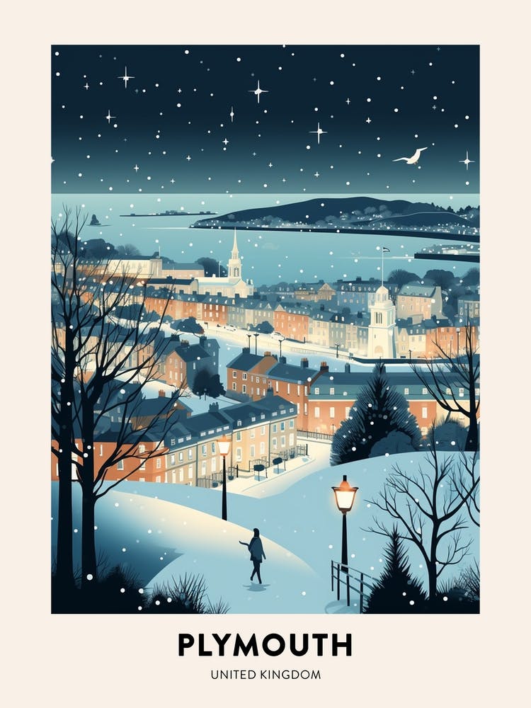 Winter Night  Travel Poster Plymouth United Kingdom 2