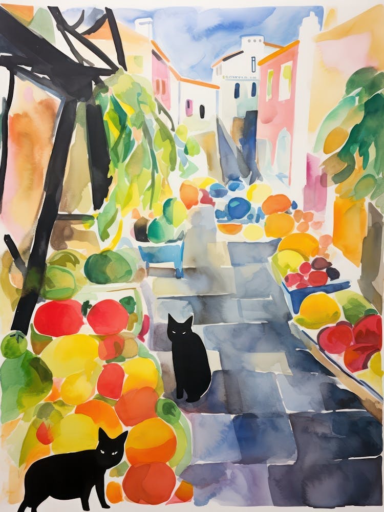 Food Market With Cats In Positano 2 Aquarell