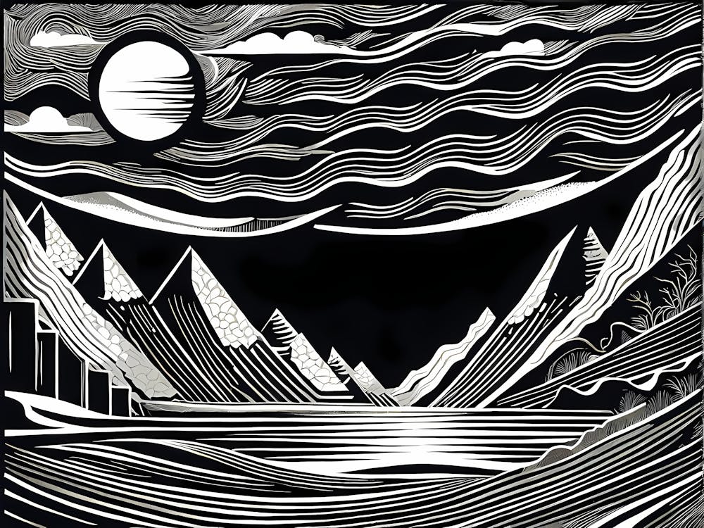 A Linocut Piece Featuring Fragmented And Ghostly Remnants Of Dreamy landscape, 116