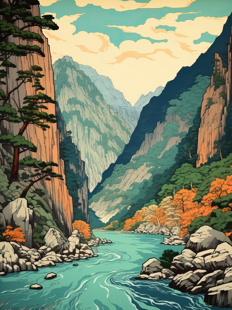 Sounkyo Gorge In Hokkaido, Ukiyo E Drawing 3