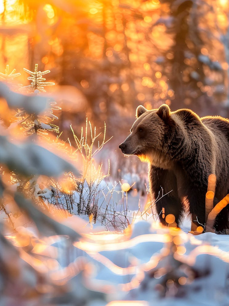 Majestic Brown Bear in Snowy Sunrise Forest