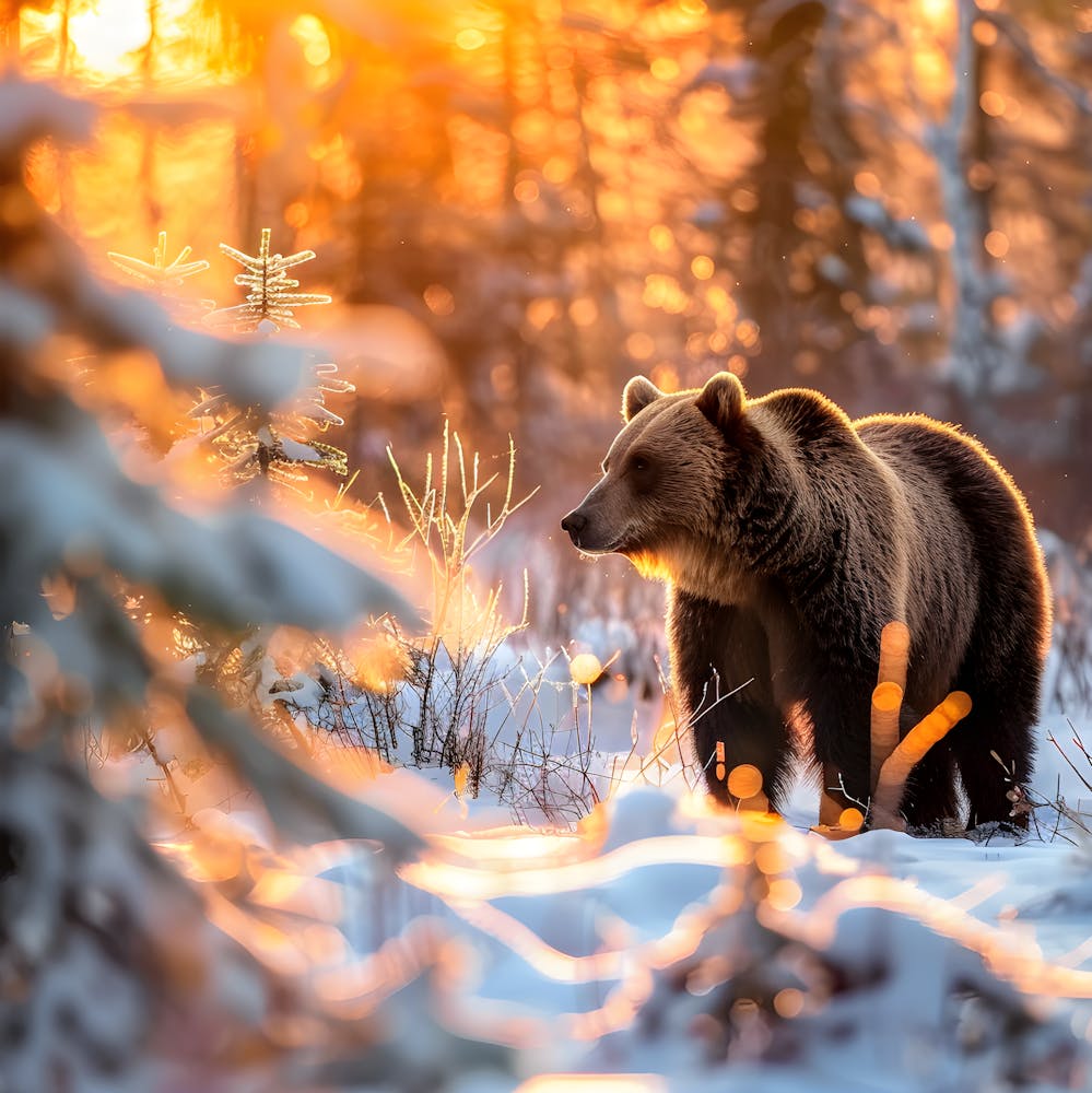Majestic Brown Bear in Snowy Sunrise Forest