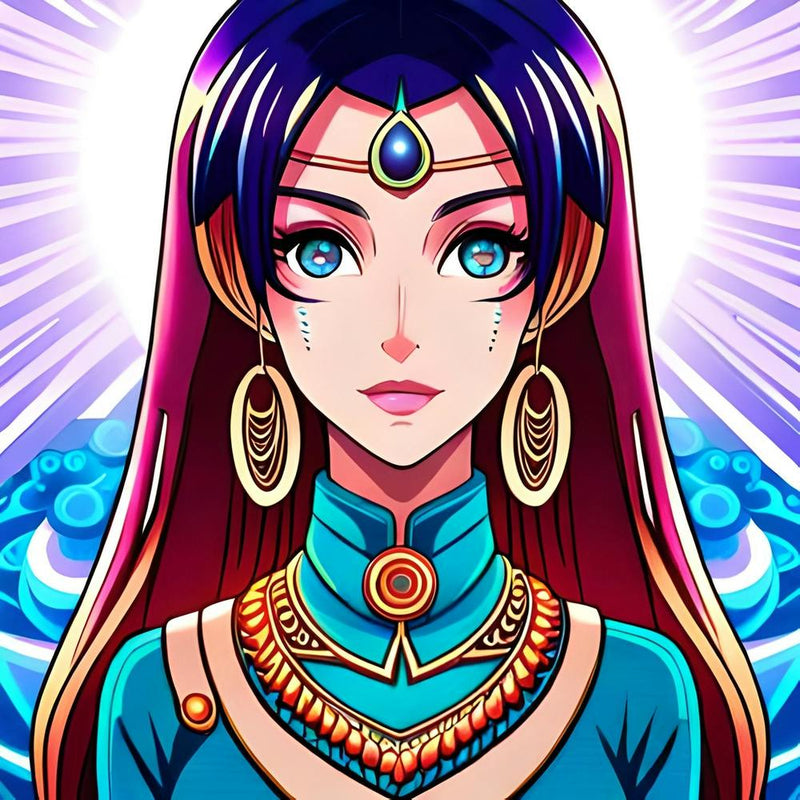 Anime Girl, Anime art, Nikita Dragun, cosmic enchantress, glowing sclera, hypnotic eyes, ultra-detailed, full body, celestial beauty, mesmerizing gaze, enchanting character, otherworldly charm, cosmic queen, ethereal allure, detailed illustration, captiva