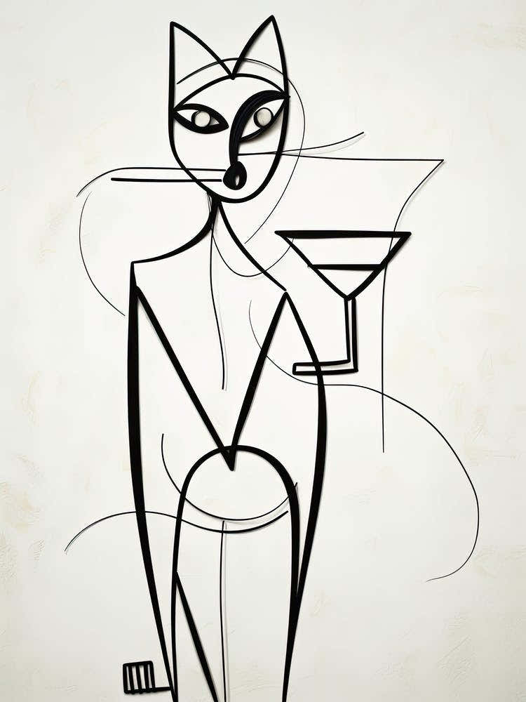 Cat And Cocktail Line Art