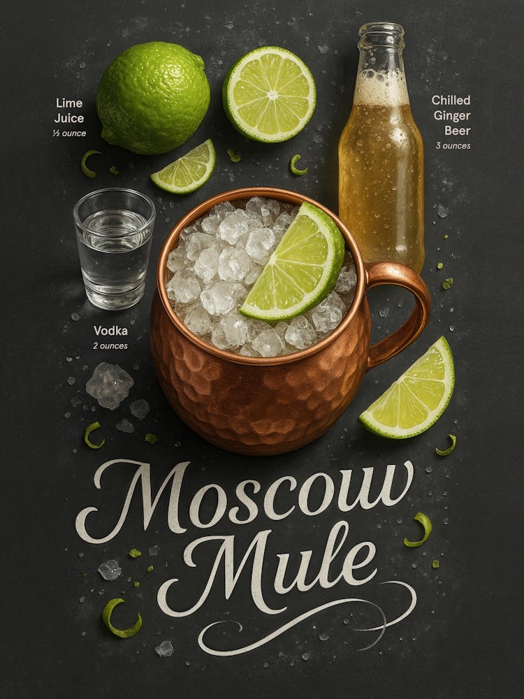 Moscow Mule Poster – Vodka, Lime, and Copper Mug: Served in a classic copper mug with lime and spice, this Moscow Mule poster is a refreshing mix of vodka, summer, and bar charm. Ideal for kitchens, pubs, and cocktail fans – with bold typography and clean