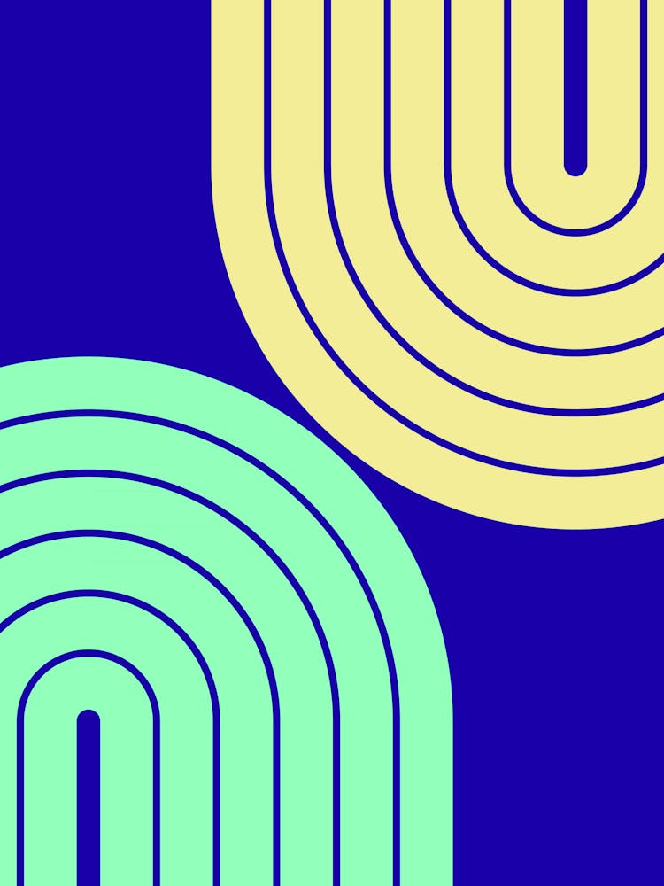 Midcentury Modern Geometric Rainbow Ivviii In Sunshine Yellow Fluorescent Green Sapphire Blue 01