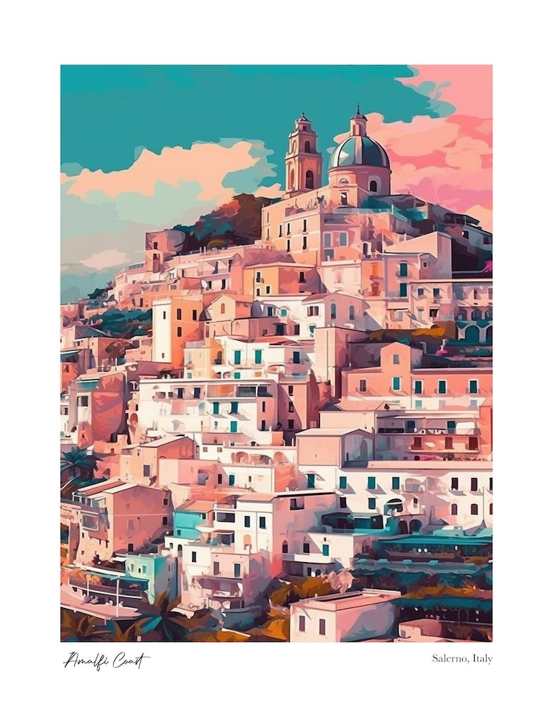 Amalfi Coast, Salerno Italy Illustration Style 2