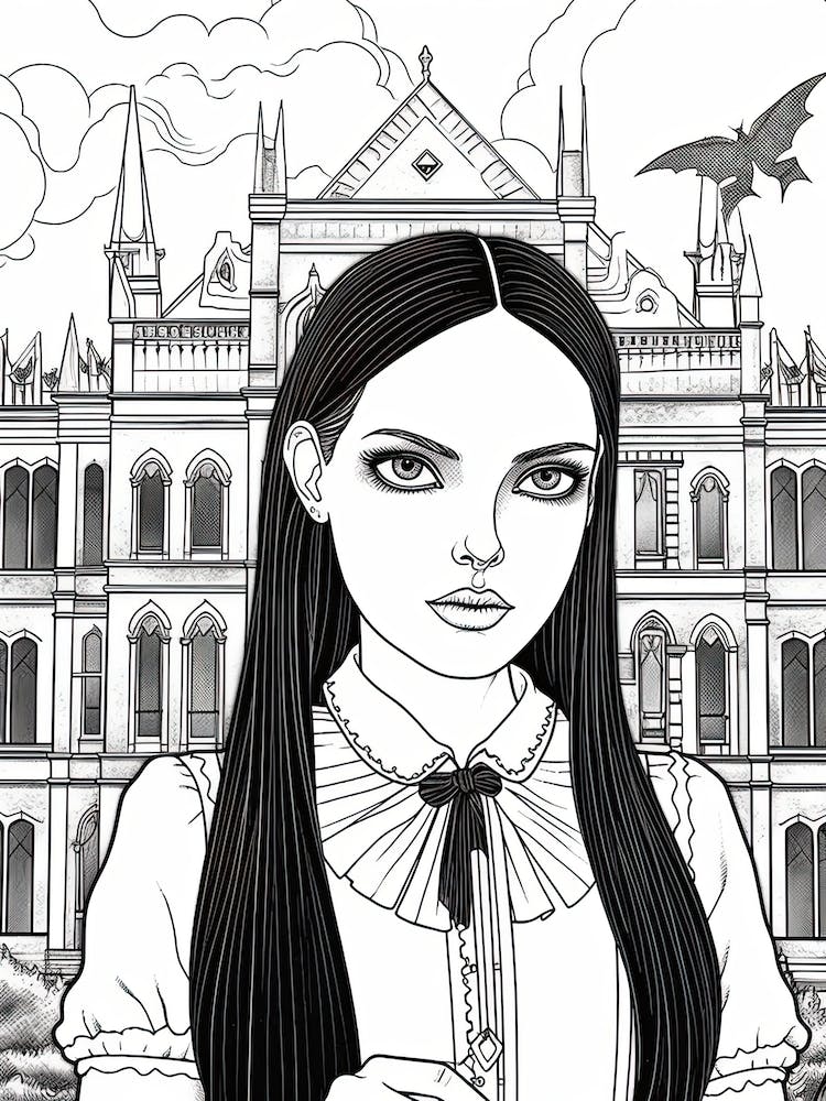 Nevermore Academy With Wednesday Addams Line Art 02 Fan Art