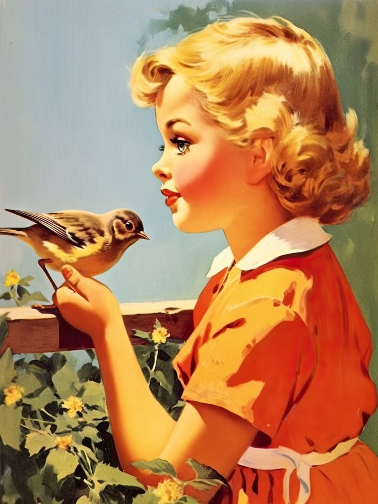 Vintage Retro Kids With Bird Illustration Kitsch 6