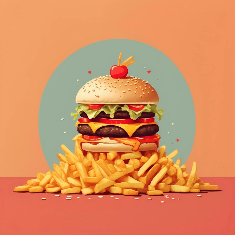 Burger Fries Cheese Melting Fresh Basil Tomato Olives Sandwich French Fries Fast Food