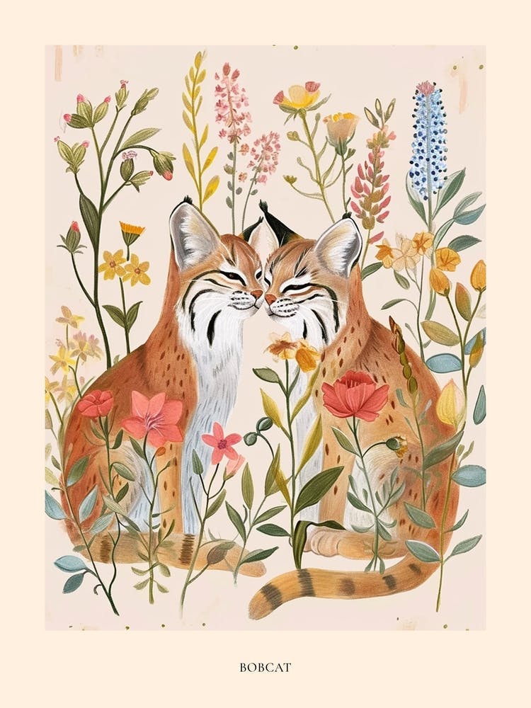 Folksy Floral Animal Drawing Bobcat 2 Poster