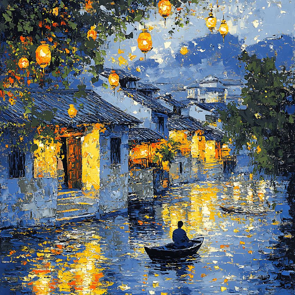 Peaceful Village Waterway Night Scene 5