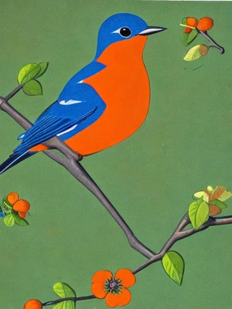 Oiseau Bleu Illustration Mid-century