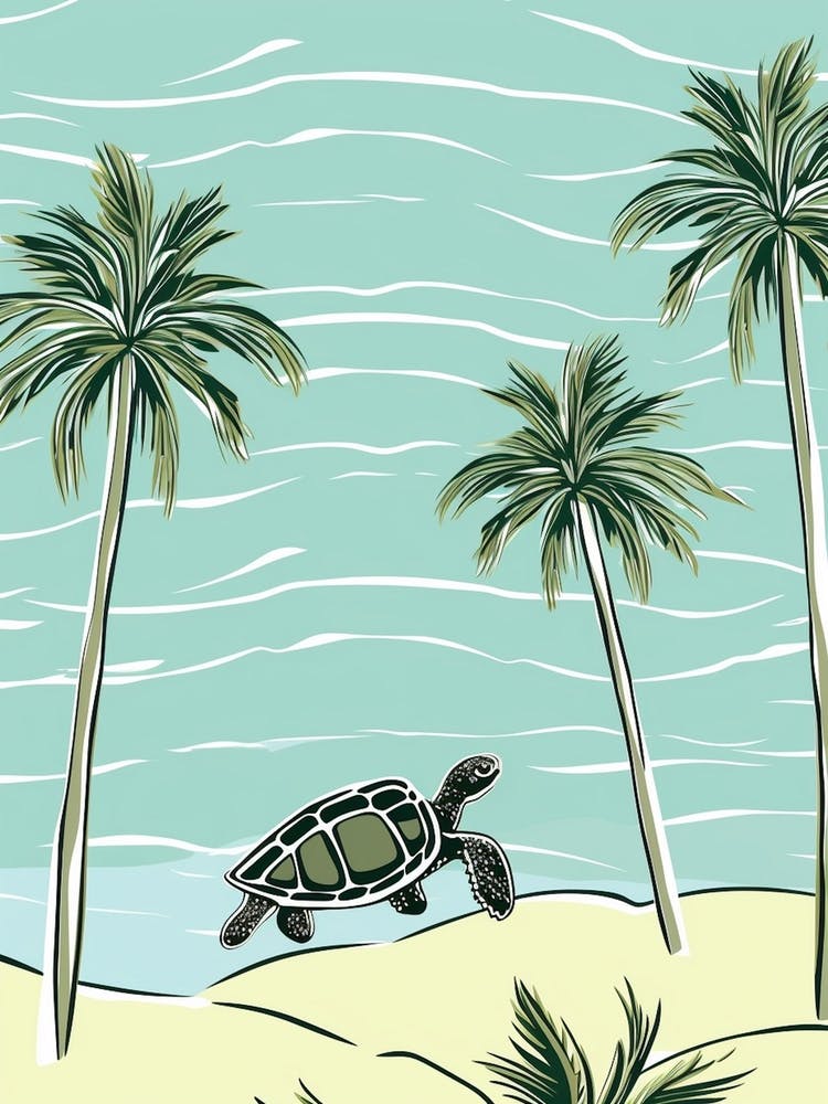 Modern Digital Sea Turtle Illustration Palm Trees