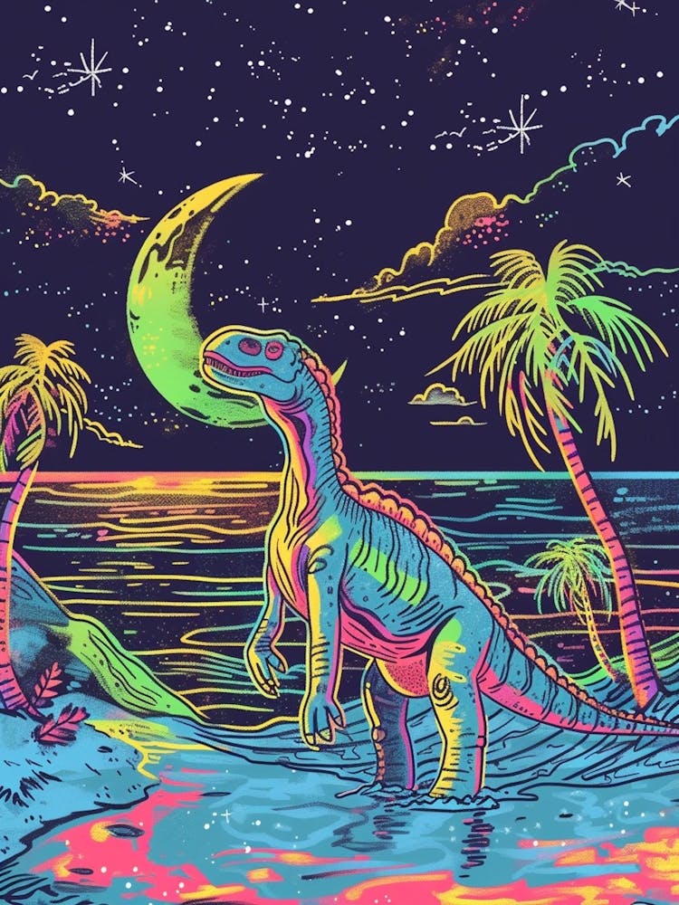 Neon Blue Dinosaur In The Ocean At Night