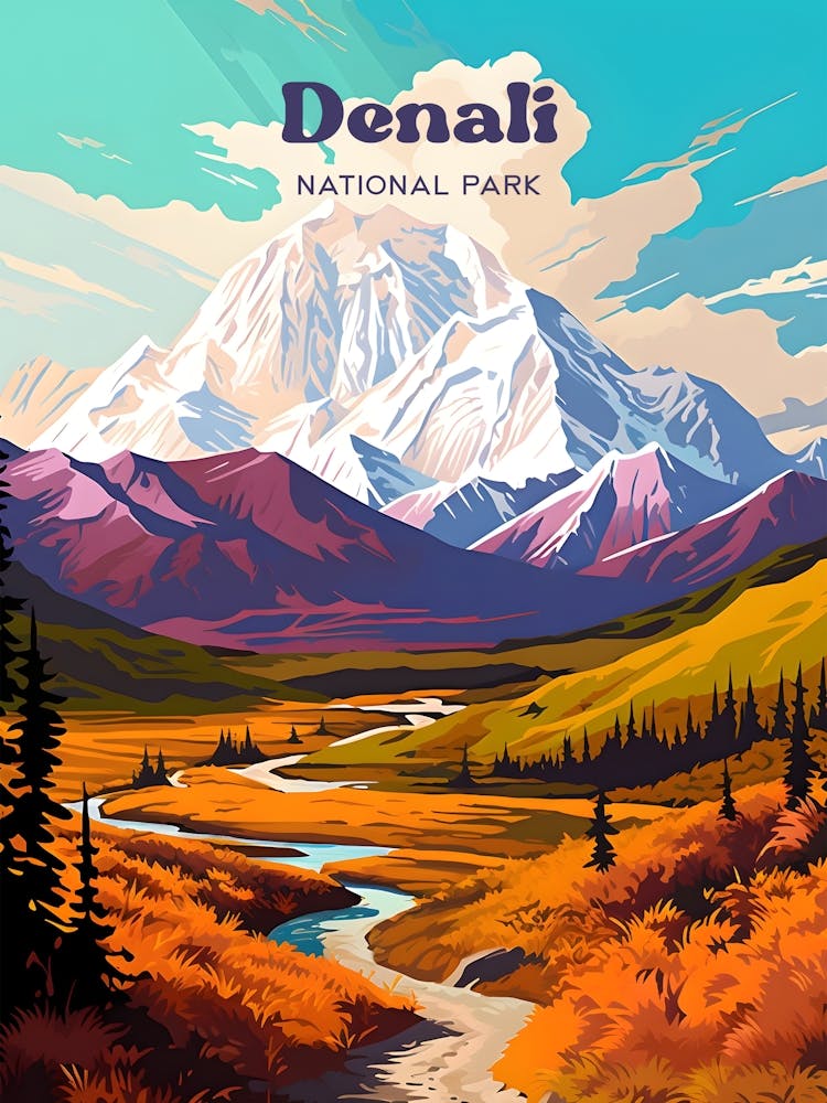 Denali National Park Alaska Nature Travel Illustration