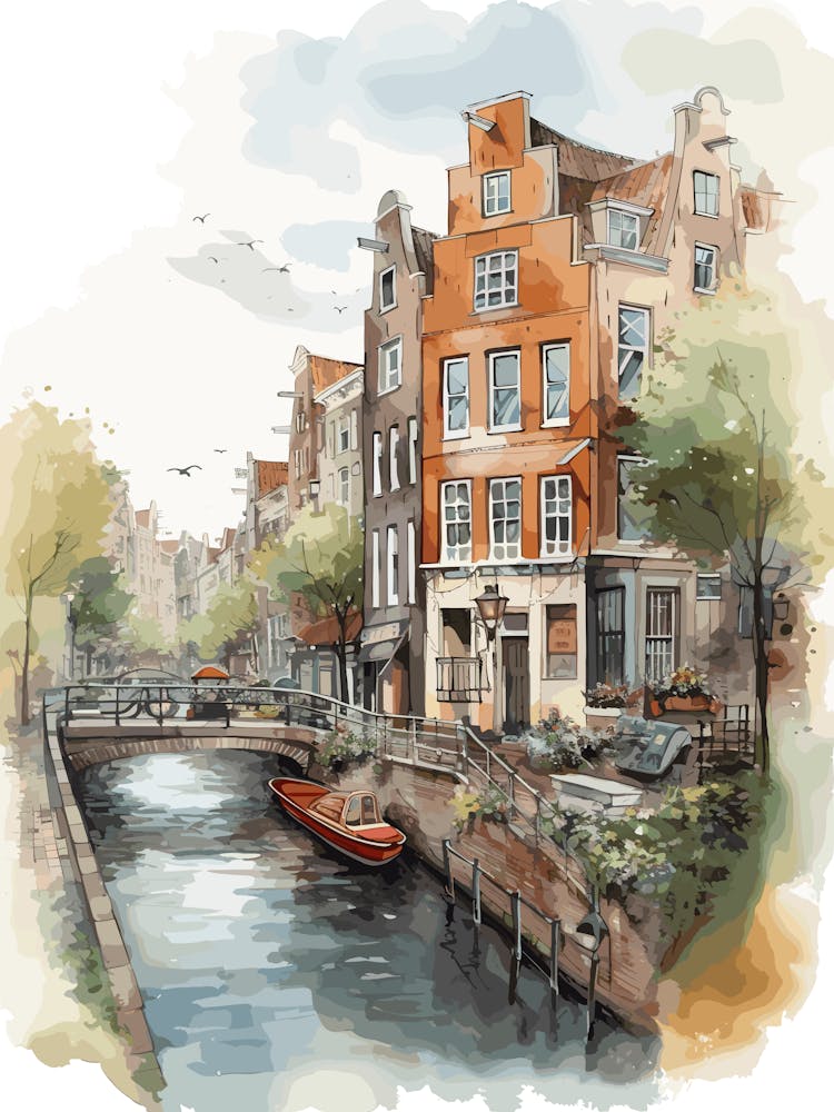 Canal Belt Amsterdam Neighborhood Watercolour 1