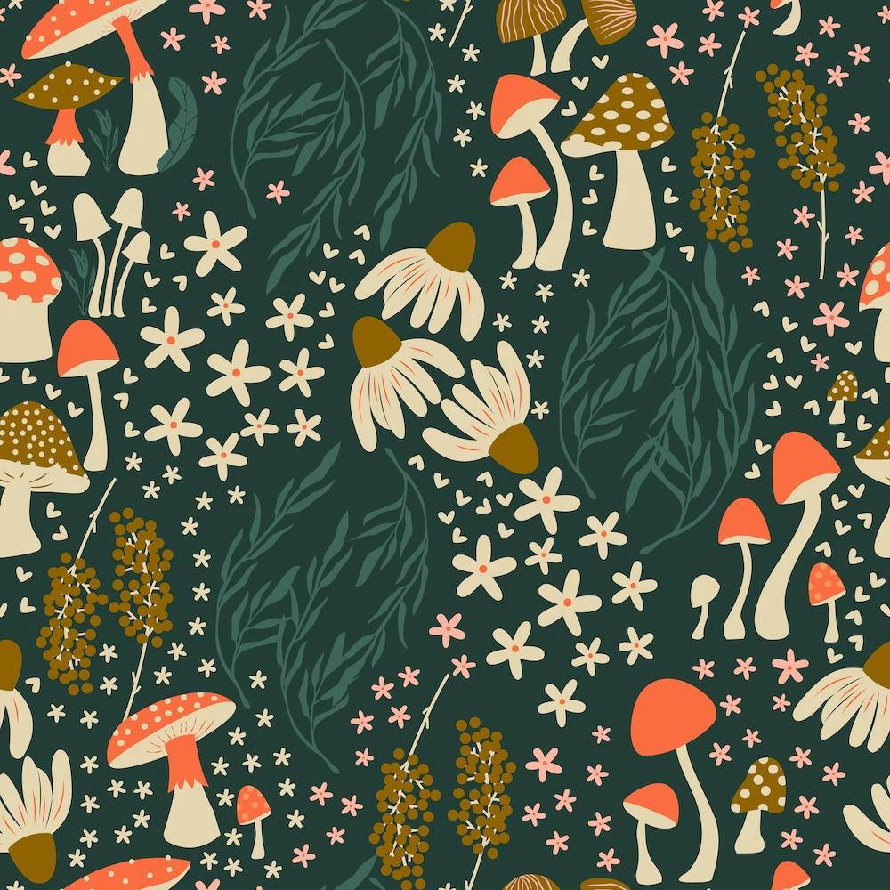 Mushroom Pattern With Flowers On Green Square