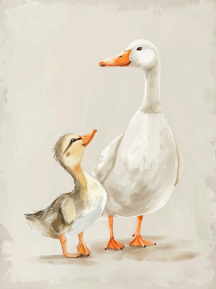 Mom Duck with her Baby. Nursery Vintage Watercolor Illustration, Kids Room