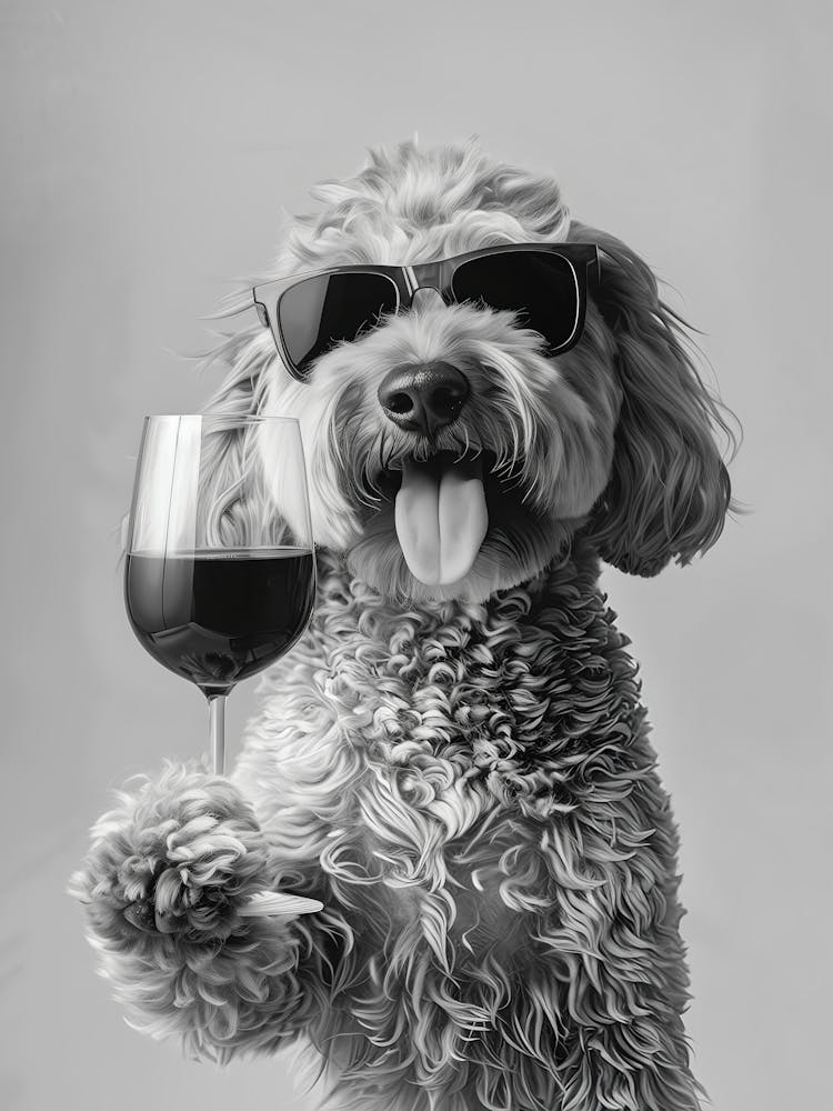 Goldendoodle Holding Red Wine Wall Art, Black And White Print, Dog Gift, Alcohol Print, Funny Dog Poster, Bar Cart Print, Kitchen Wall Decor