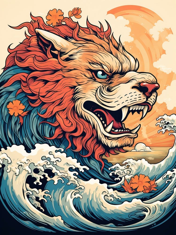 Lion Animal Drawing In The Style Of Ukiyo E 3