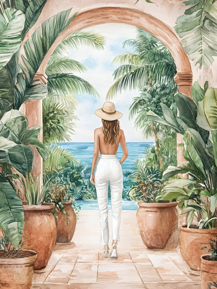 Tropical Escape - Woman Walking to the Beach Through an Archway