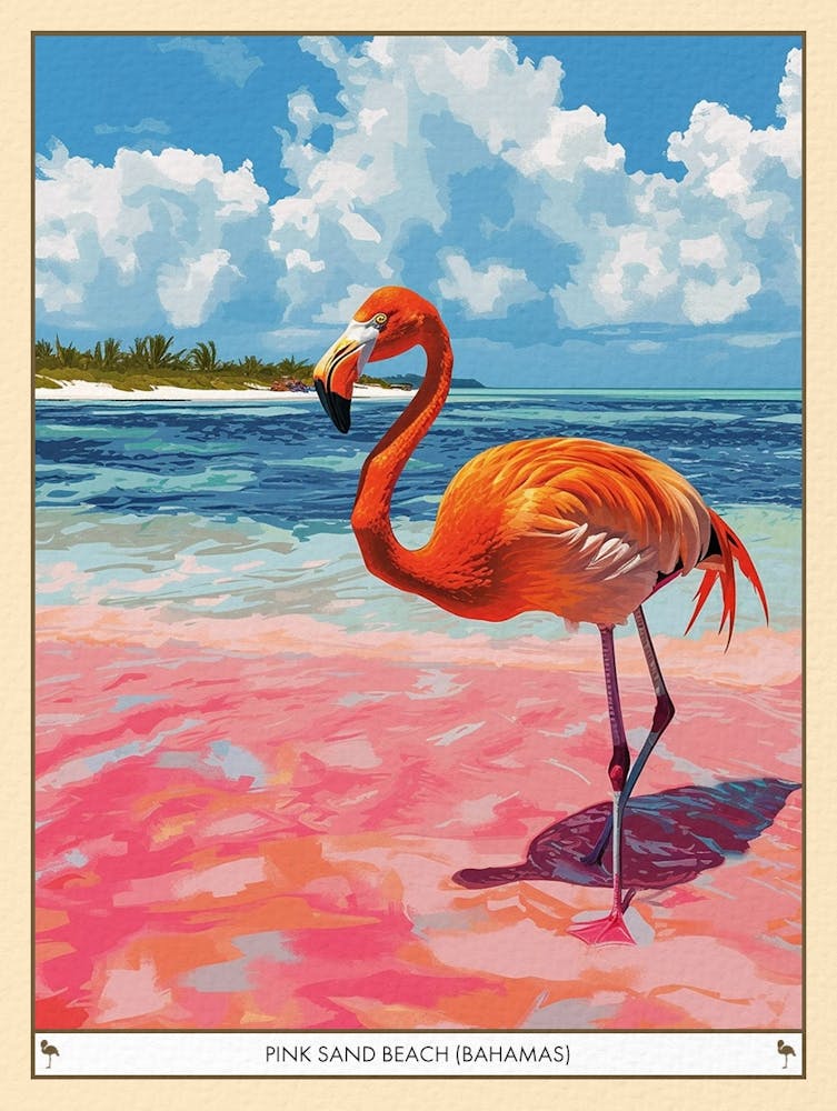 Großer Flamingo Rosa Sandstrand Bahamas Tropische Illustration 6 Poster